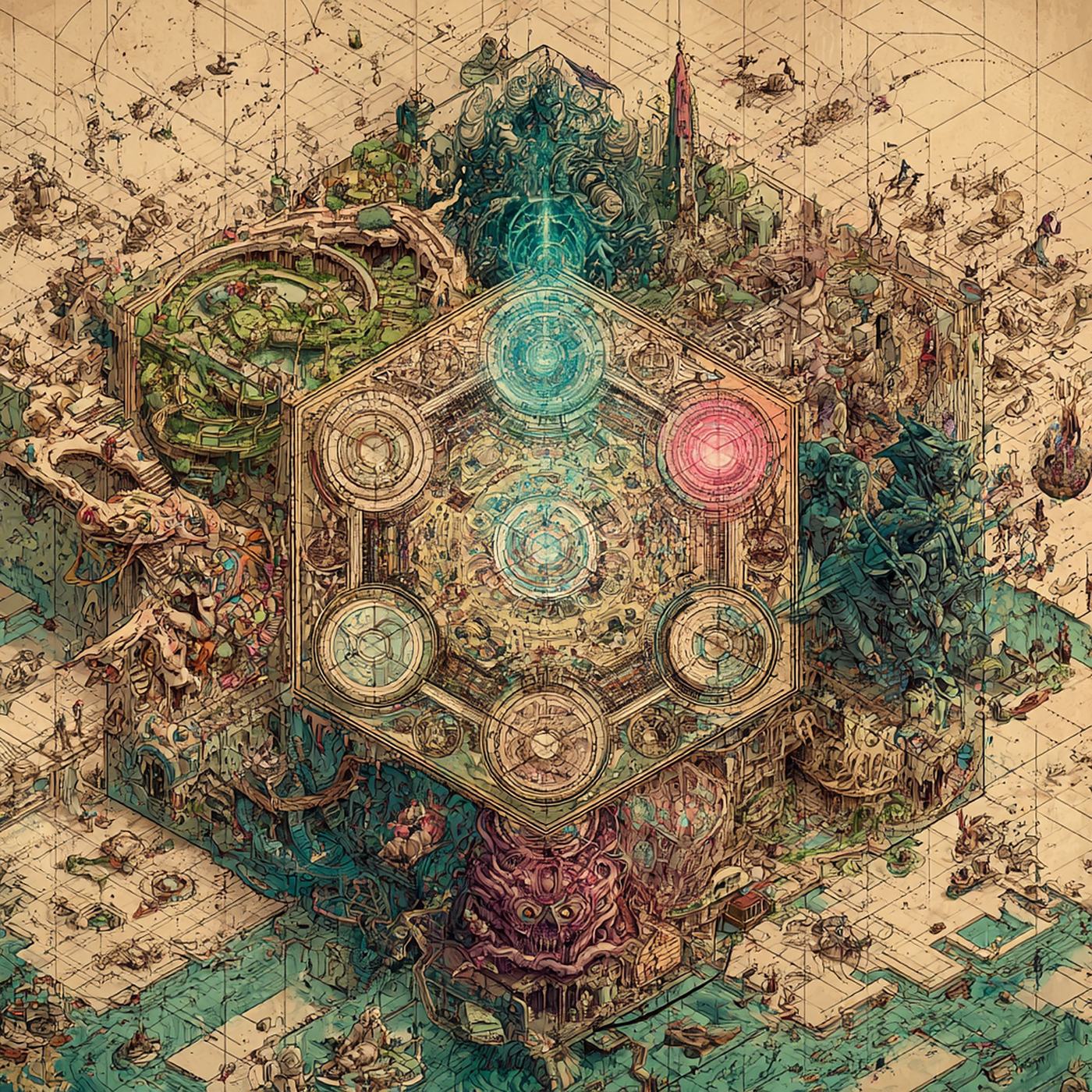 A hexagonal mandala of glowing circles, green, pink and gold, laid out like a city plan and crowded round with tiny buildings and creatures.