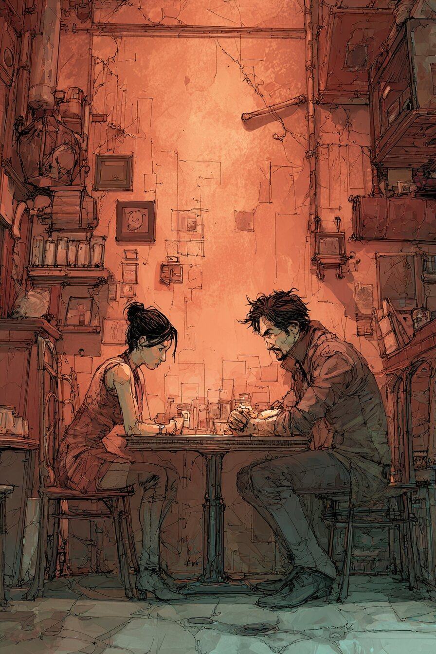 A young woman and a young man sit across a small table in a cramped cafe lit red, both looking down at the table.