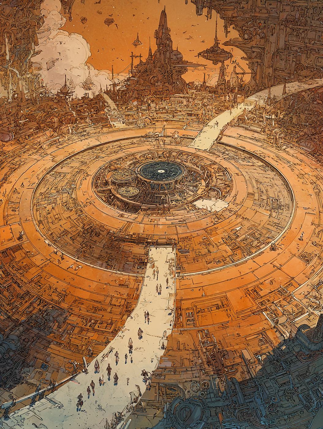 From high above, a pale road full of tiny walkers winds across a vast round orange city toward its centre.