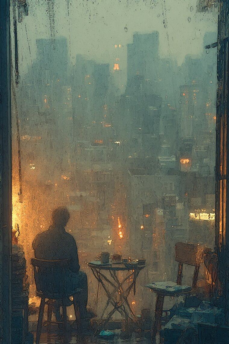 A figure sits on a chair by a tall window at dusk, looking out at a rainy city of lit towers.