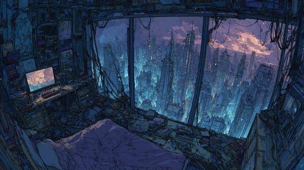 A bed and a lit laptop in a dark room, the towers of a city glowing through the window.