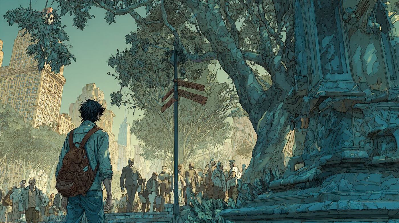 Seen from behind, a young man with a leather backpack stands by a signpost under a huge tree, a crowd of people walking toward him and towers beyond.