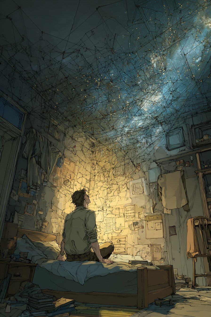 A young man sits up in bed in a dark room, looking at a glowing wall of pages while the ceiling above opens into a starry sky.