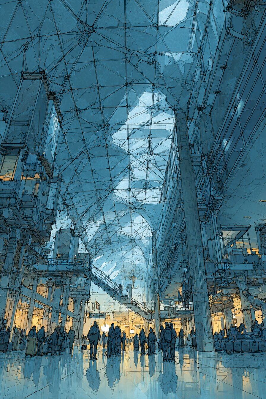 A crowd in silhouette crosses the shining floor of a towering hall of glass and steel beams, blue sky and cloud showing through the roof.