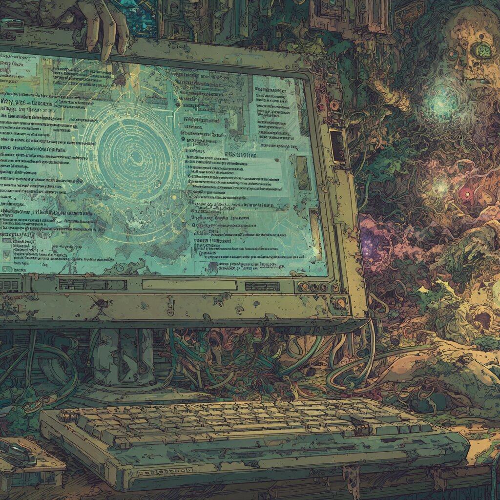 An old computer screen filled with lines of text and a round diagram glows among tangled plants and cables, a keyboard in front.
