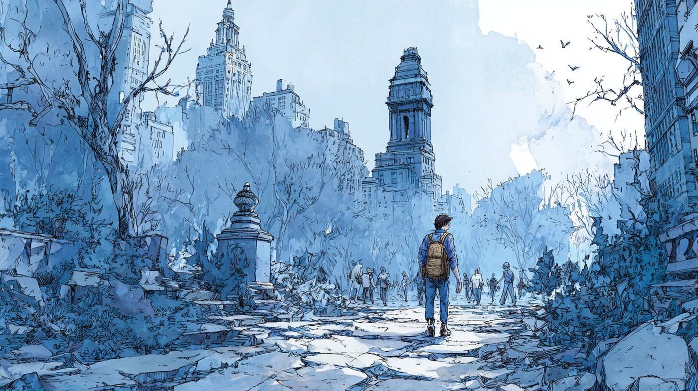 Drawn all in blue, a young man with a backpack walks away down a cracked stone path between bare trees, people ahead of him and towers rising beyond a park.