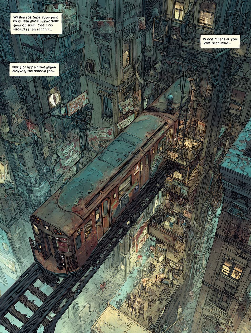 From high above, an old red elevated train runs between crowded tenement blocks; three small boxes of lettering sit in the corners like a comic page.