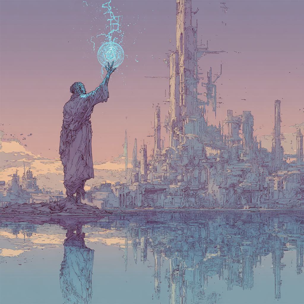 A robed figure on a shore holds up a glowing blue orb toward a city of crystal spires mirrored in still water under a violet dusk sky.