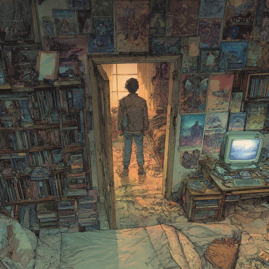 Seen from behind, a young man stands in the doorway of a small bedroom crammed with books, posters and an old computer.