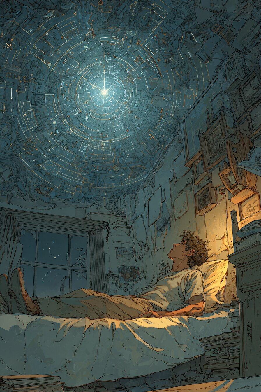 A young man lies on his back in bed by a lamp, looking up at a ceiling that has become rings of pale blue lines around one bright star.