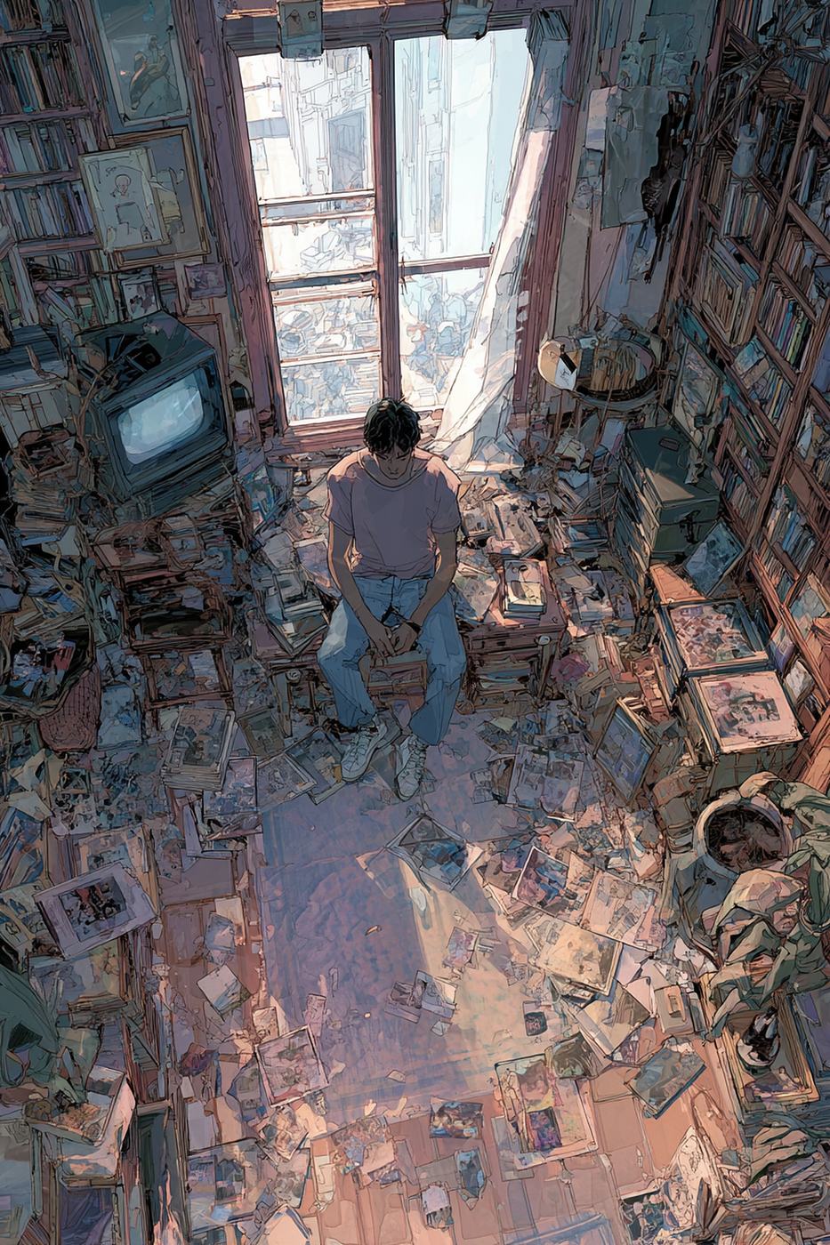 Seen from above, a young man sits on a chair in the middle of a tiny apartment buried in books, papers and screens, light falling from a tall window.