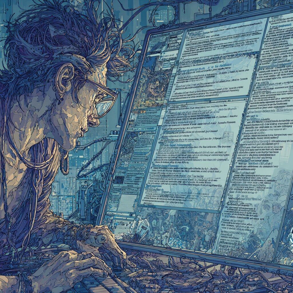 A person with glasses and tangled hair leans close to a large screen crowded with columns of text, hands on a keyboard wound with cables.
