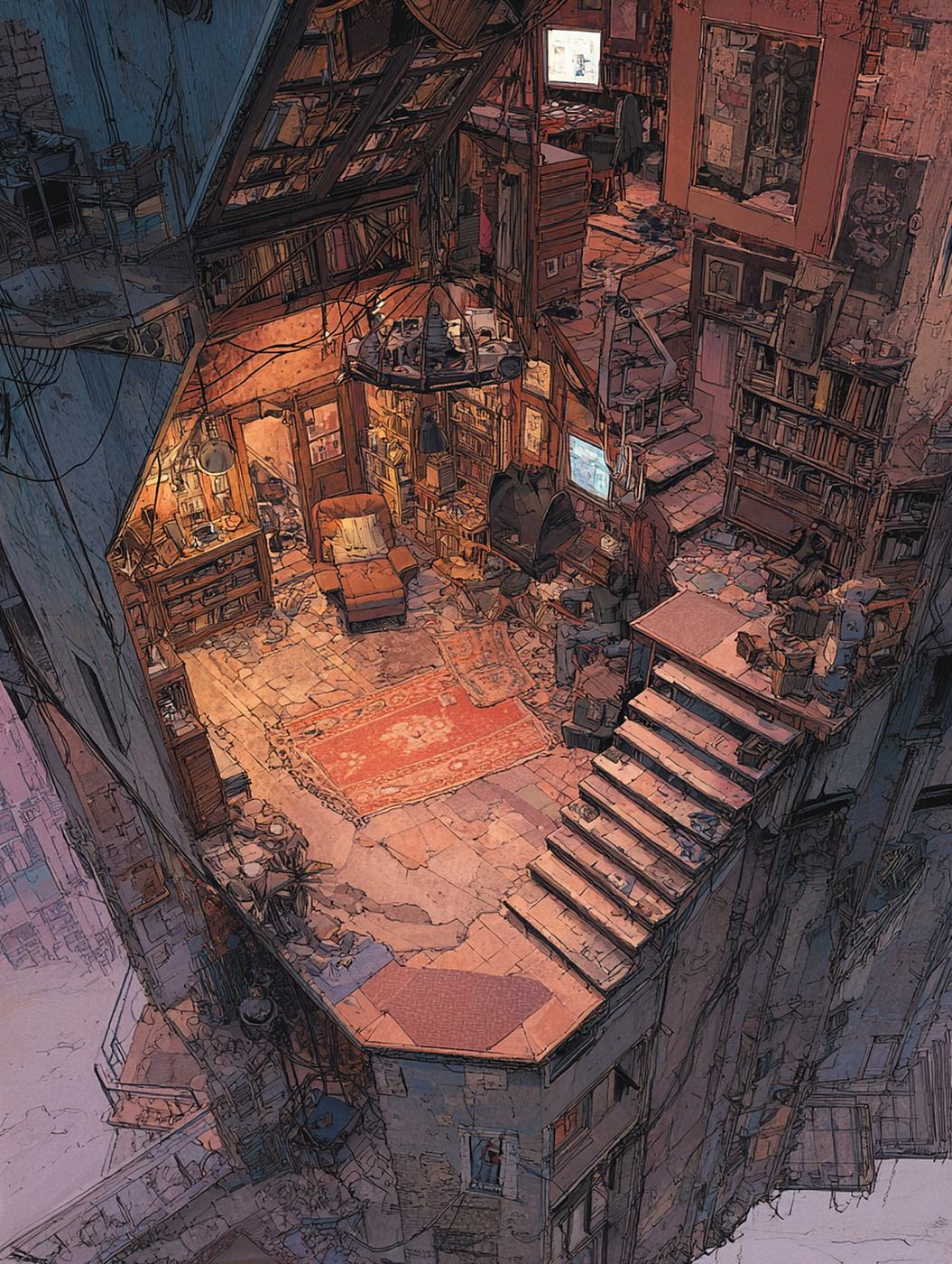 A cutaway view from above into a warm, lamp lit apartment at the top of a building, with armchairs, shelves, small glowing screens and a stair climbing to it, the evening city all around.