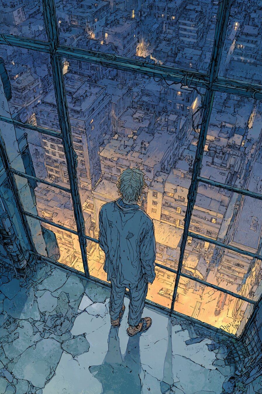 Seen from above and behind, a man stands at a wall of tall window panes on a cracked floor, looking down on a dense city of lit apartment blocks at dusk.