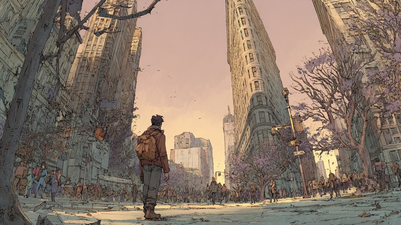A young man with a backpack stands alone in a city street and looks up at the towers rising around him, trees in purple bloom along the road.
