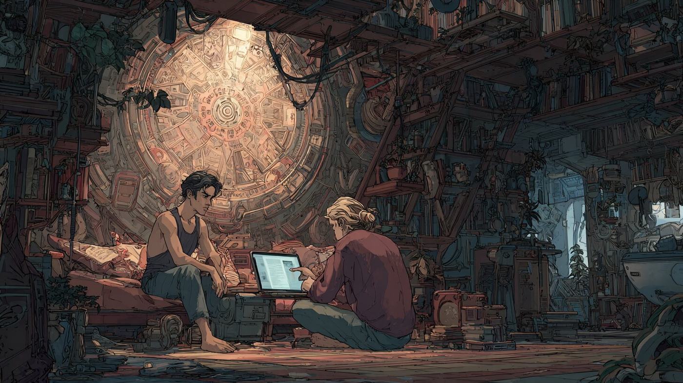 Two people sit on a bed with an open laptop between them, one talking and one typing, in a book crammed room with a huge round carved disc on the wall.