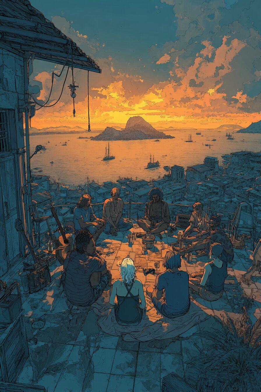A circle of young people sits on a rooftop terrace at sunset, looking out over a bay dotted with boats.