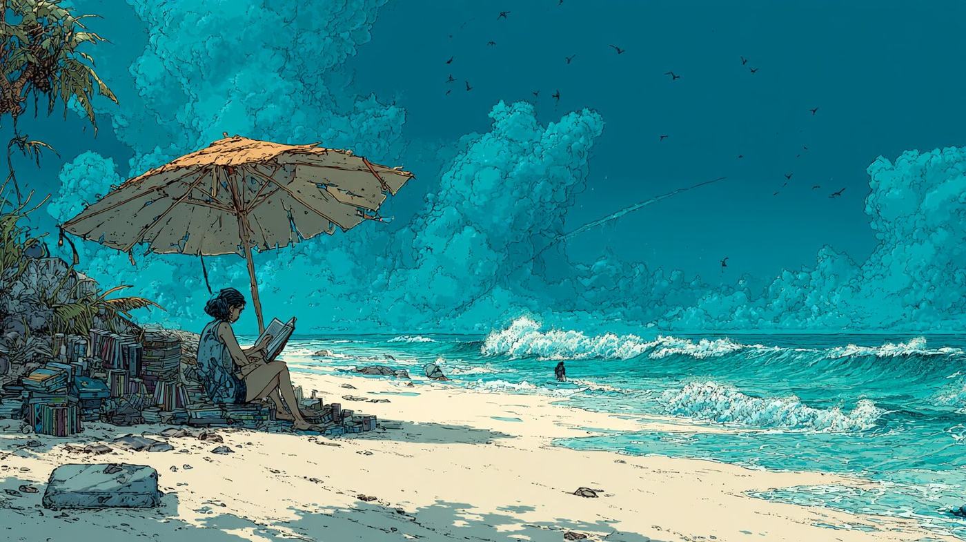 A woman reads under a straw umbrella on a white beach while waves break in bright blue water.