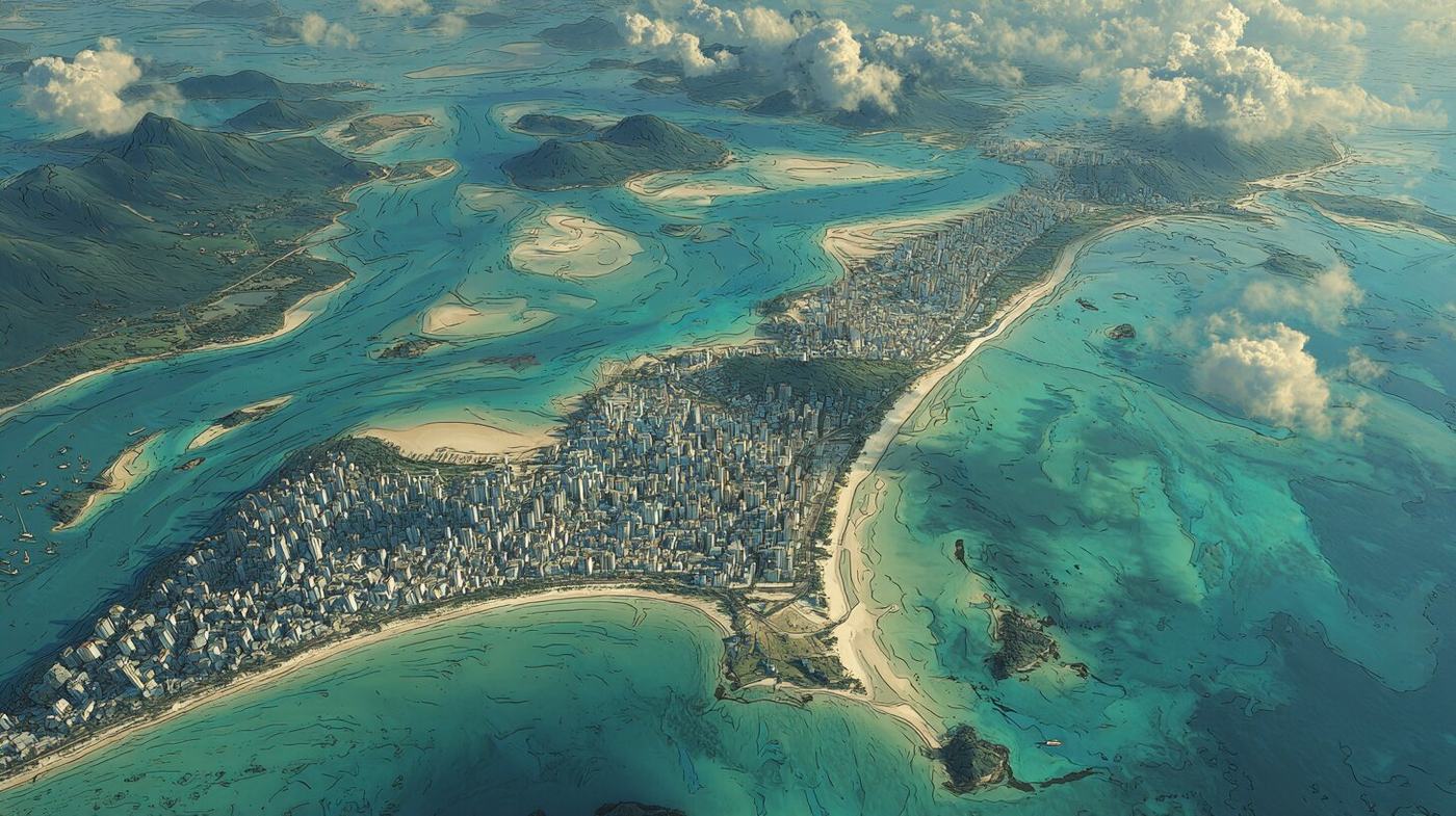 Seen from the air, an island city spreads along a sandy spit between turquoise bays and green hills.