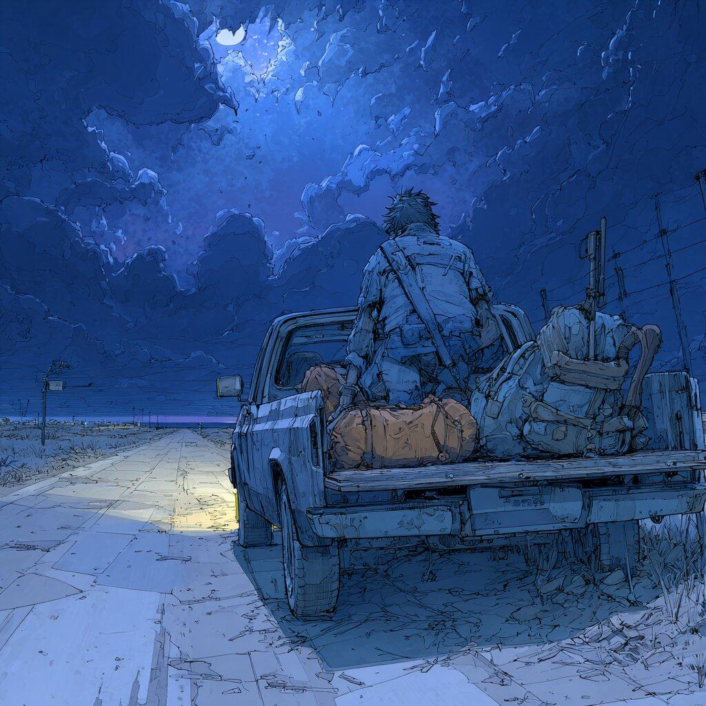 Seen from behind, a traveler sits among bags and backpacks in the open back of a pickup truck on an empty road under a moonlit sky of heavy clouds.