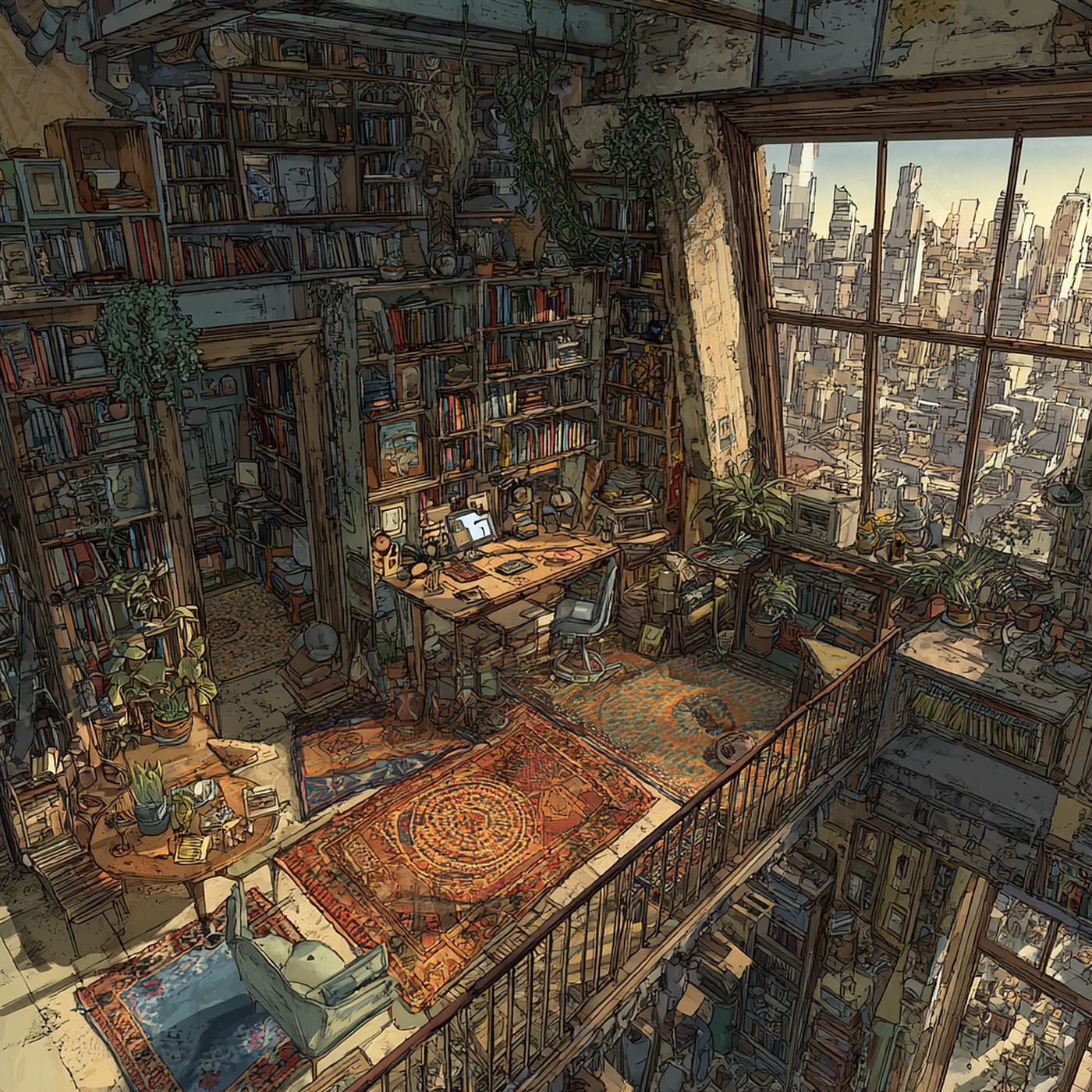 A small loft apartment crammed with bookshelves and rugs, a desk by a big window looking out on city towers.
