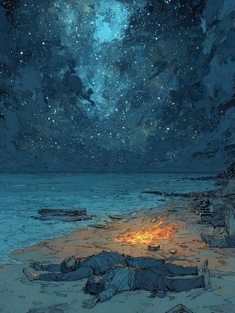 Two figures lie side by side on the sand beside a small fire, under a sky thick with stars above the sea.