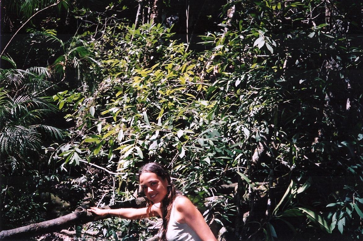 a smiling woman leans on a branch in the jungle