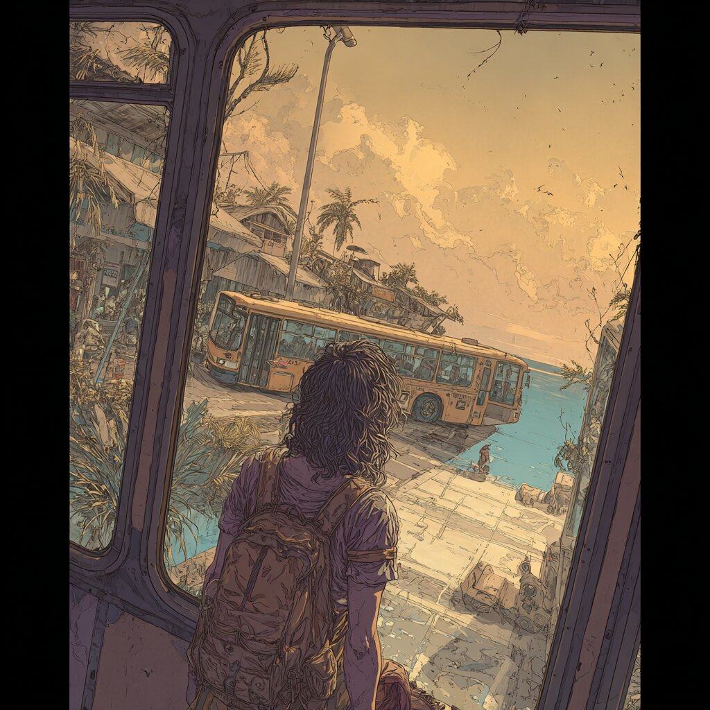 Seen from behind, a traveler with long hair and a backpack looks out through a bus window at a yellow bus parked by the sea, palms and huts under an orange sky.