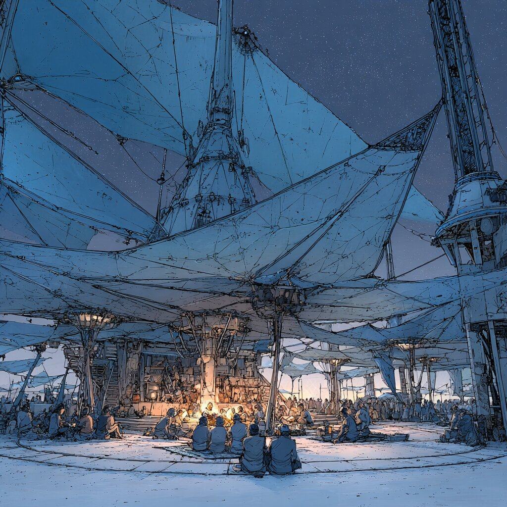 People sit in a circle around a small fire under great sail like shade cloths in the blue desert dusk.