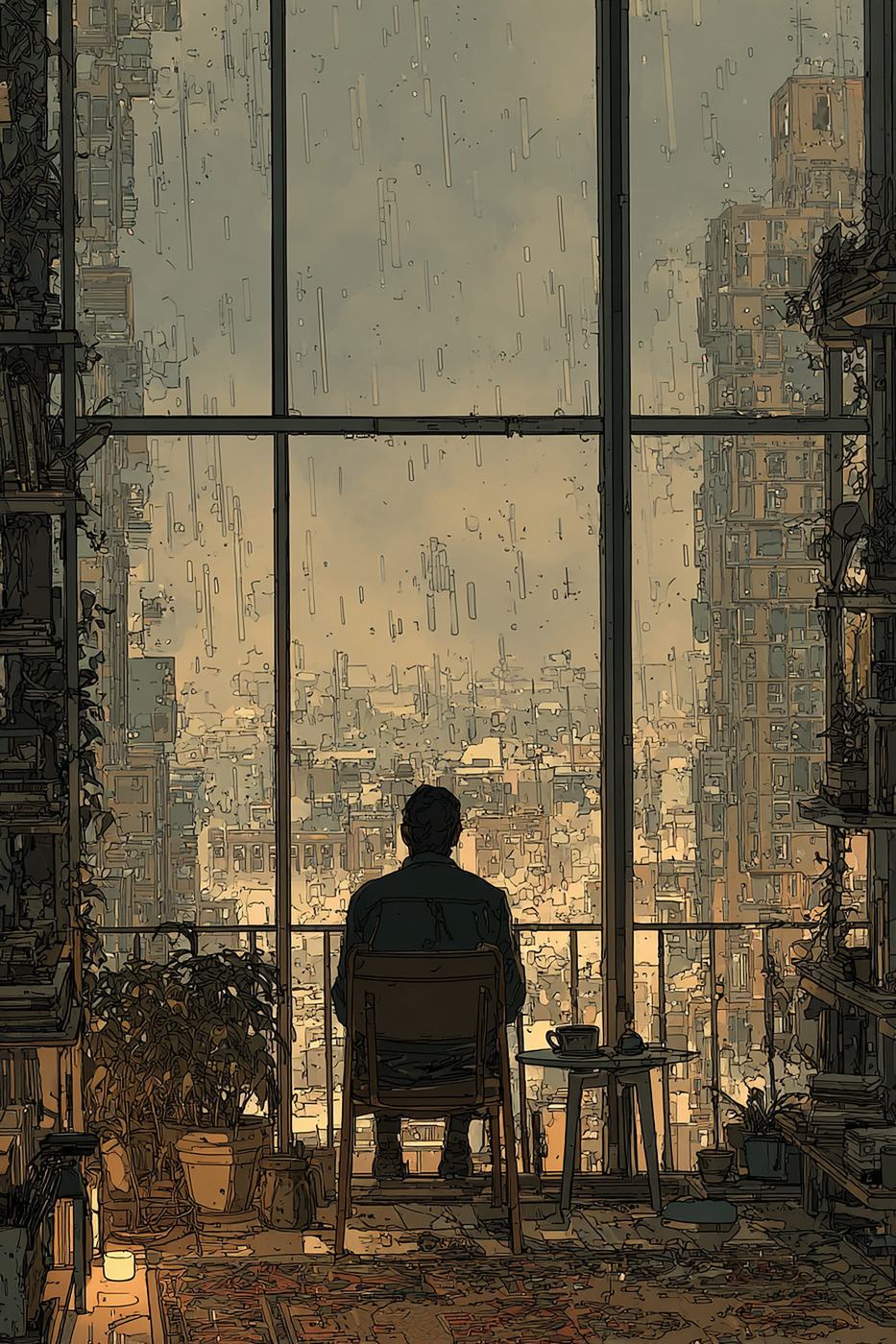 Seen from behind, a man sits in a chair before tall windows streaked with rain, a small table with a cup beside him and the towers of the city beyond.