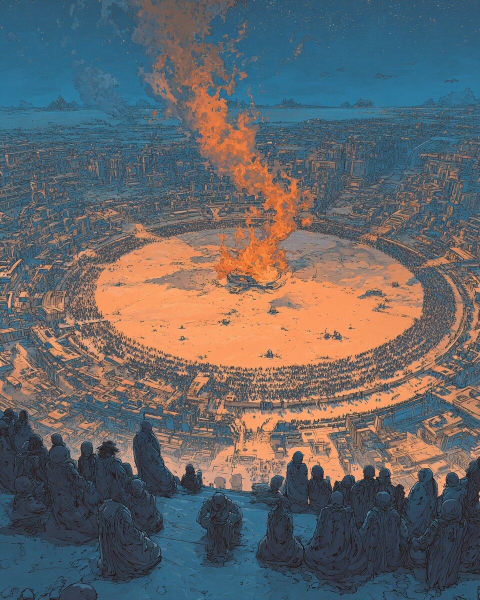 A vast ring of people surrounds a tall column of fire on the desert floor at night, seen from behind the back rows.
