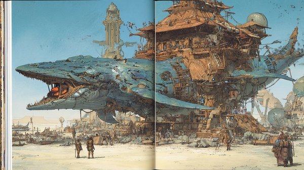 A ship shaped like a whale and a ramshackle wooden tower stand on the open desert, two people walking between them.