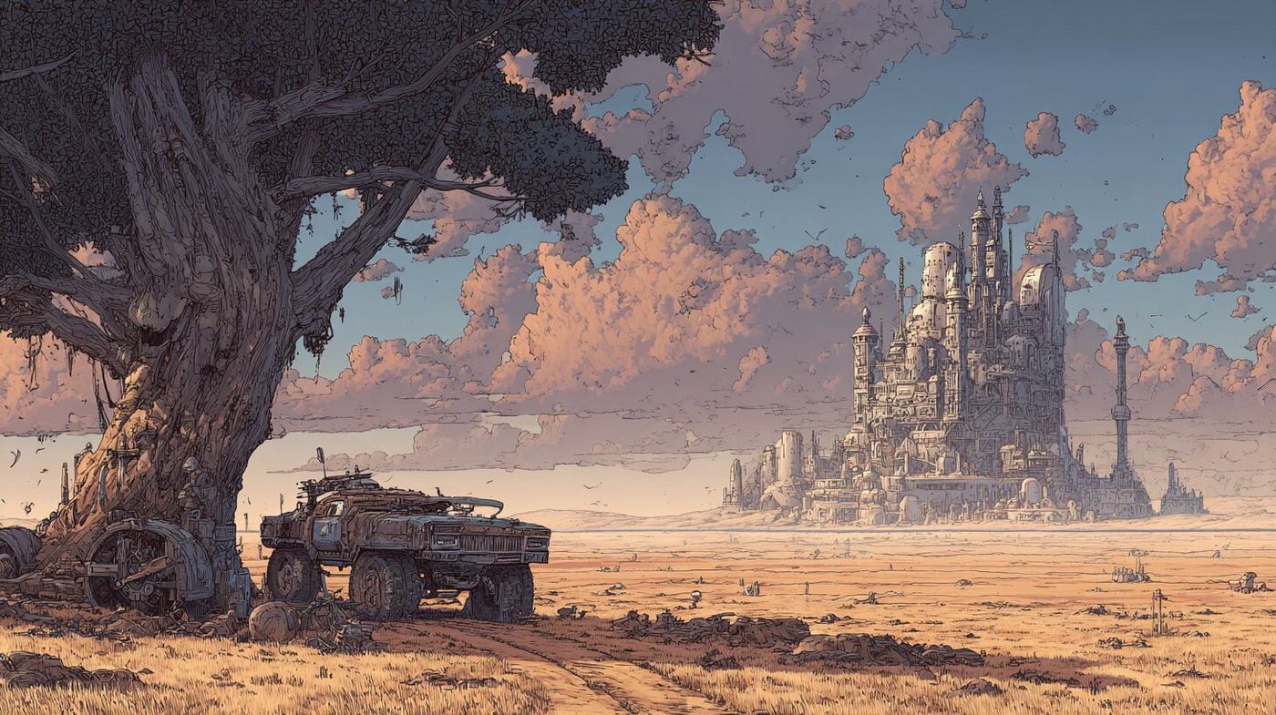 An old truck is parked under a huge gnarled tree on a red desert plain, a city of tall spires on the horizon under pink evening clouds.