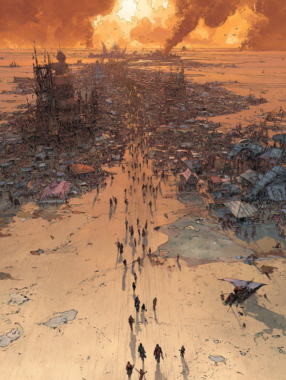 Seen from high above in orange light, a line of walkers casts long shadows on the desert floor, heading for a dense camp with dark smoke rising on the horizon.