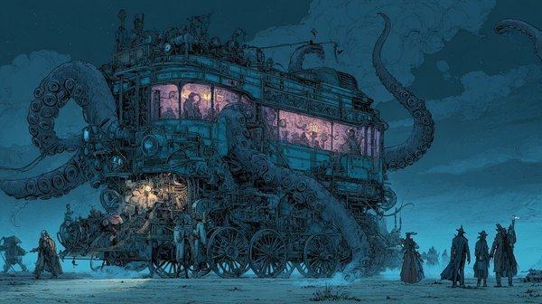 A great vehicle shaped like an octopus glows in the blue night of the desert, small figures walking before it.