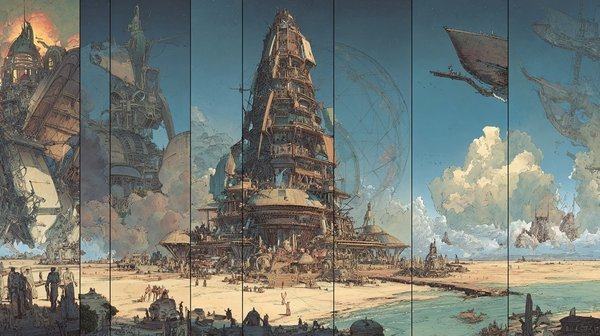 A spread of panels showing a towering wooden temple on the desert floor under airships and clouds.