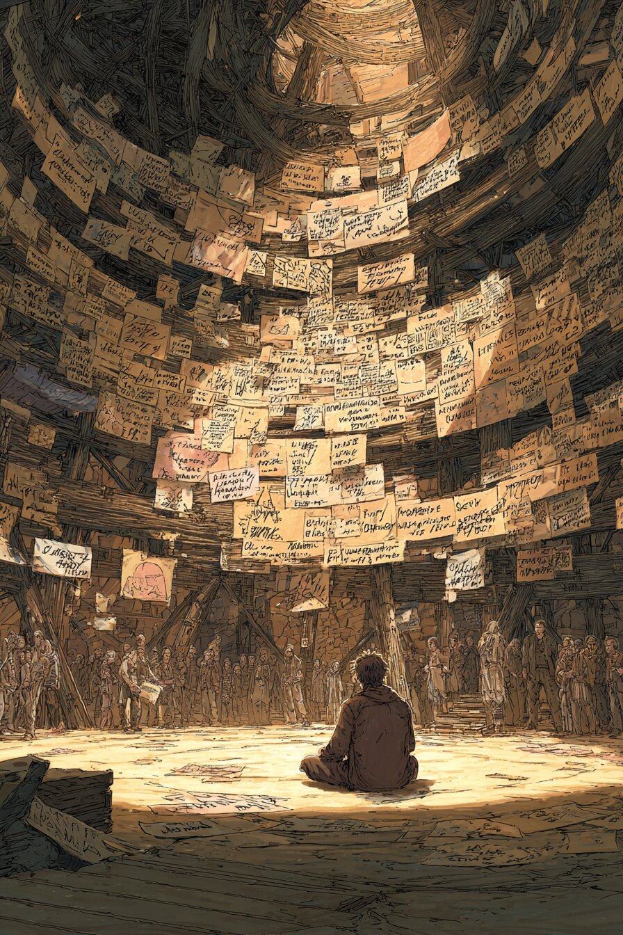 A lone figure sits on the floor of a round wooden chamber whose walls are covered from floor to ceiling in handwritten notes.