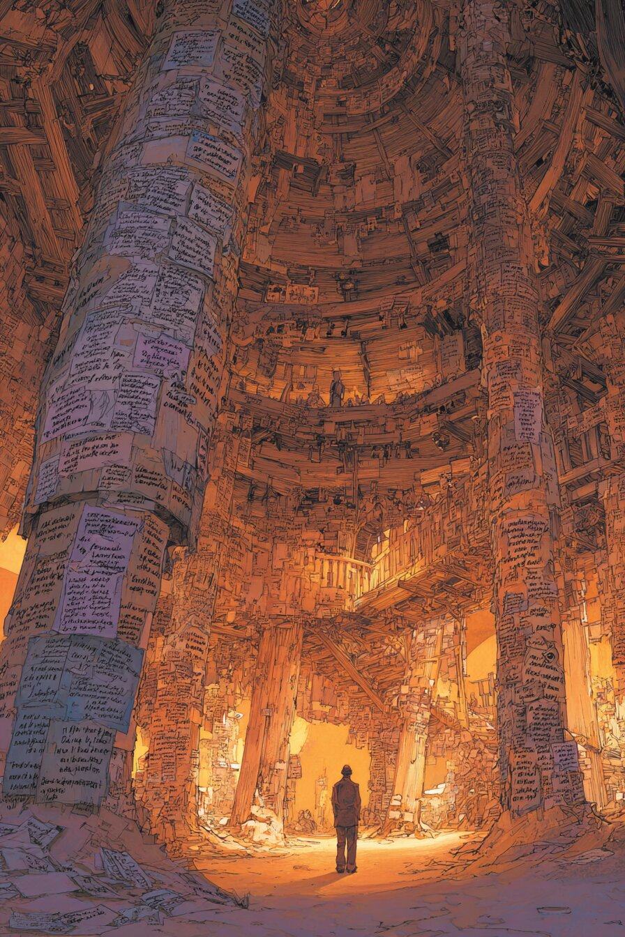 A small figure stands in a glowing doorway at the foot of towering wooden pillars papered from top to bottom with handwritten notes.