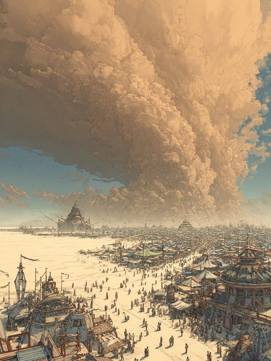 A towering tan dust cloud fills the sky over a desert camp of domes, flags and round pavilions, small figures crossing the pale open ground.