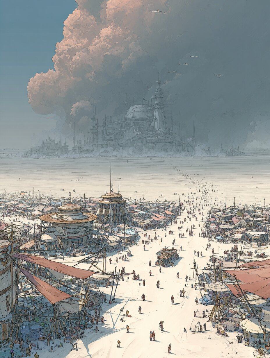 A wide camp of tents and shade structures spreads across a white desert floor dotted with tiny figures, a huge cloud of dust rising behind it.