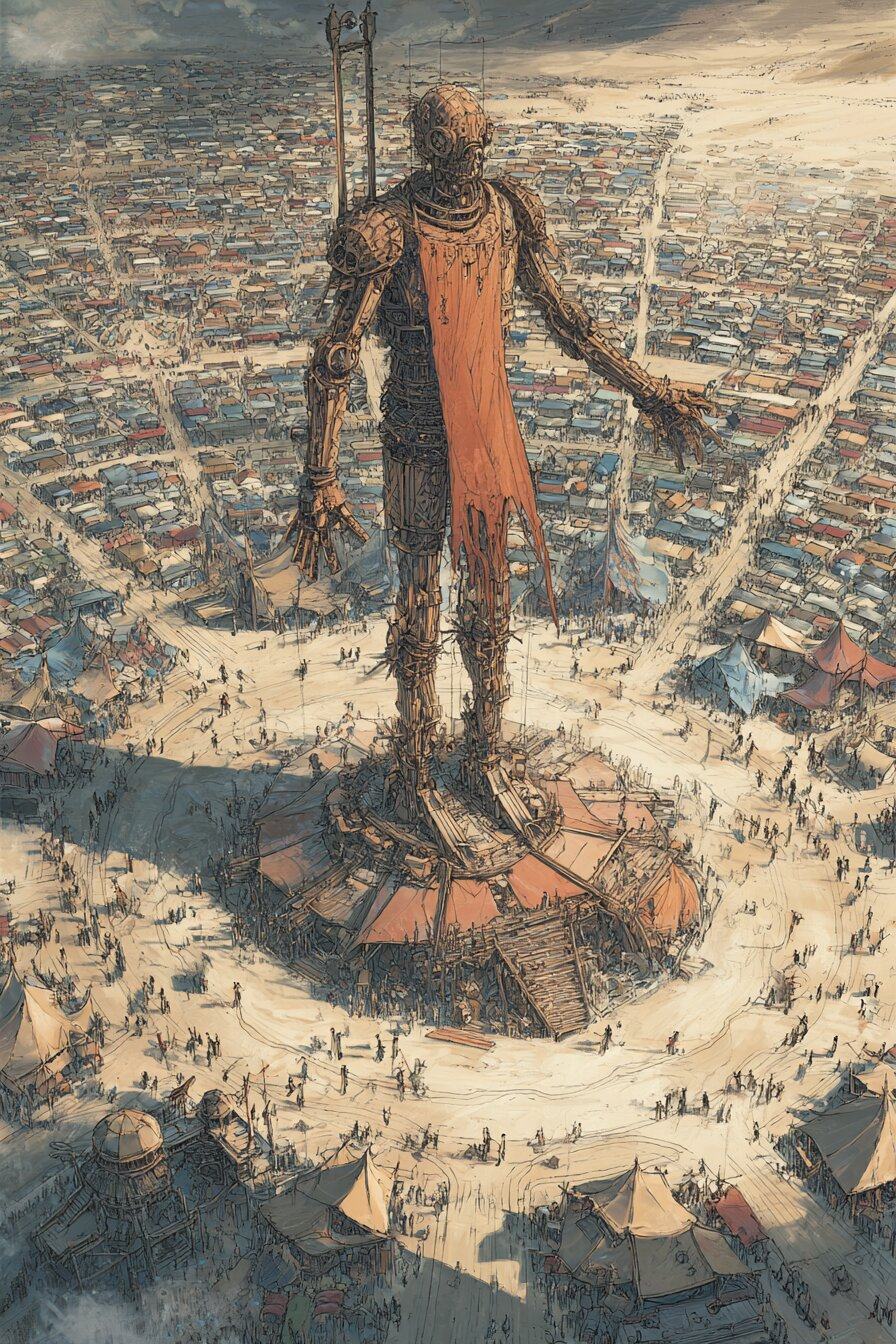 Seen from above, a giant wooden figure of a man stands on a platform at the centre of a desert city, streets of tents spreading out around it.