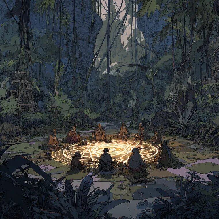 A circle of people sits on the jungle floor at twilight around a ring of glowing lines, tall trees and rock towers rising behind them.