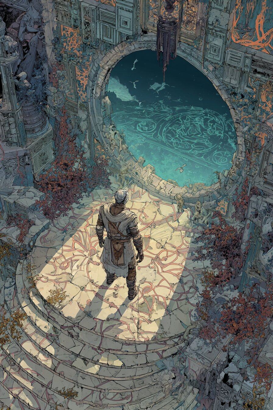 Seen from above, a figure in armour walks a winding stone path toward a round gate filled with sea.