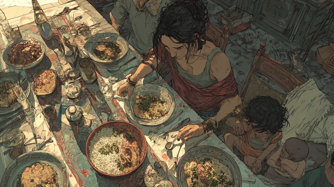 Seen from above, a woman nurses a baby at a table crowded with bowls of rice and beans while hands reach for the food.