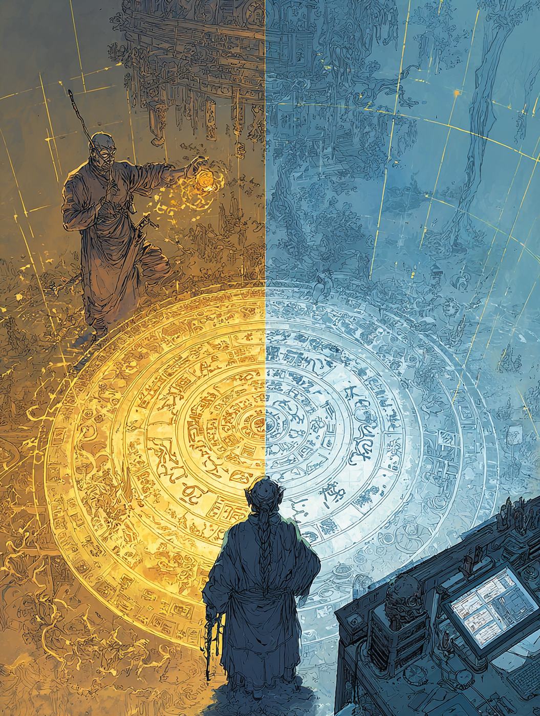 A robed figure stands where a golden field of hexagram circles meets a blue field of circuitry and a machine.