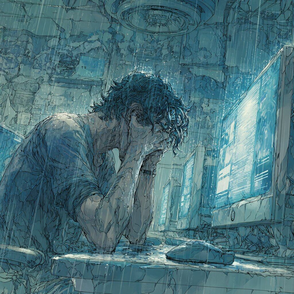 A young man with wet hair sits at a computer in a dim room, his face buried in his hand.