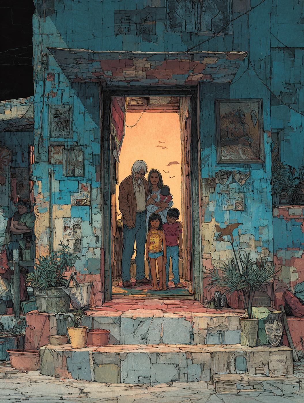 A family stands in the lit doorway of a small blue house at dusk, steps and potted plants before it.