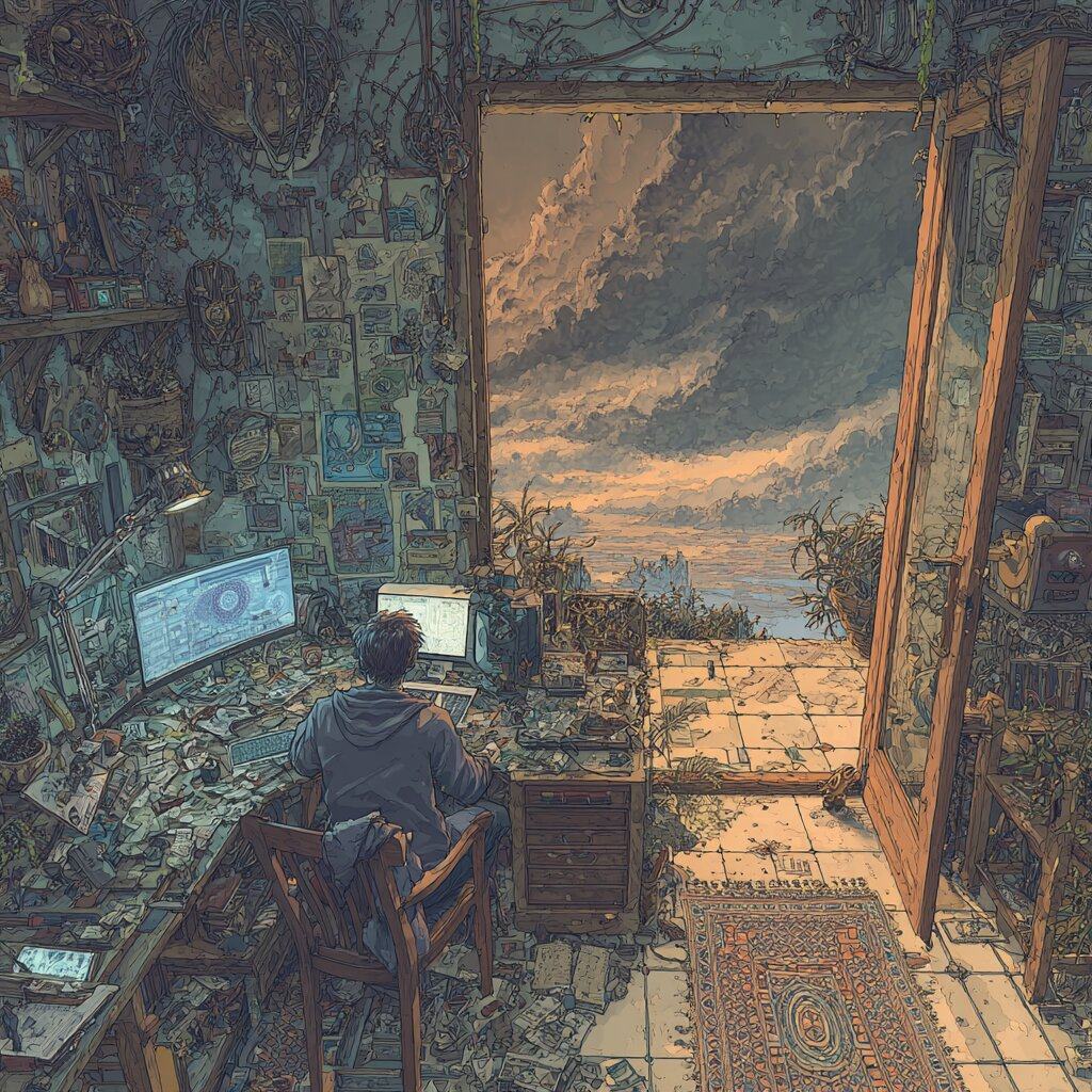 A man sits at a desk crowded with screens and papers in a cluttered room, a tall door standing open on a stormy orange sky.