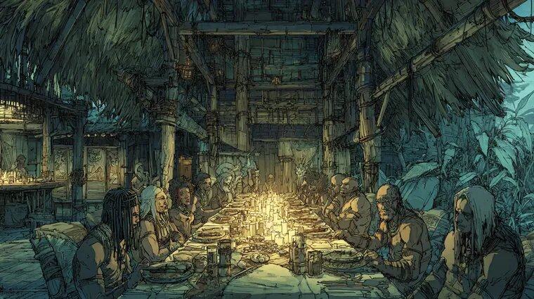 Travellers sit along a long candlelit table under a thatched roof at night, jungle dark around them.