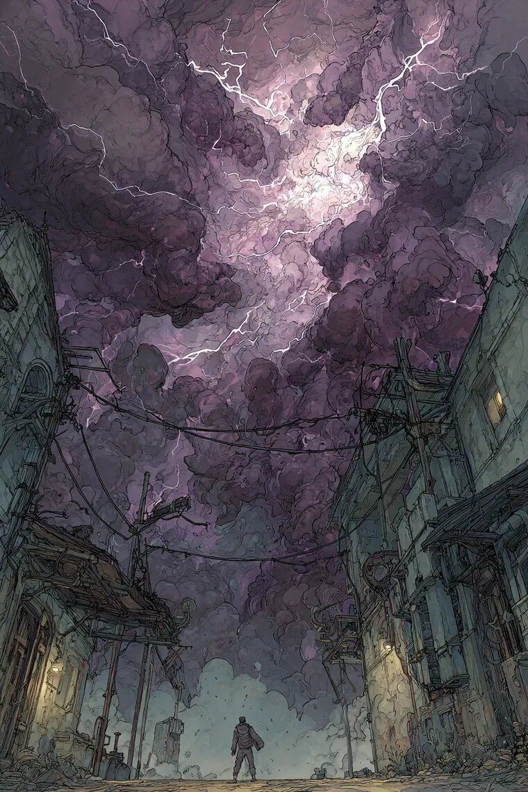 A narrow street under a violet storm, lightning spreading through the clouds above one small walking figure.